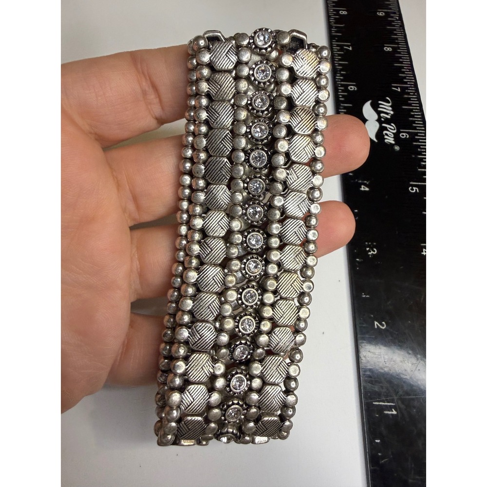 Antique Silver Tone Crystal Stretch Cuff Bracelet Boho Textured Beaded Wide Band